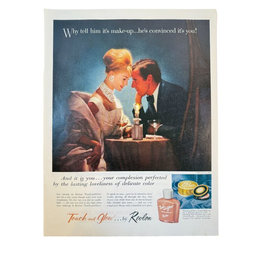 Vintage 1960 Revlon Touch and Glow Makeup Singer Sewing Advertisement Print Ad